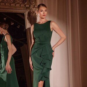 NEW FORMAL SLEEVELESS SHEATH SOLID DRESS W/ BOAT NECK & RUFFLE DETAILS CD CH377